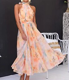 economico -Per donna Abito maxi Vestito Estivo Vestito in Chiffon Abito Floreale Abito con Collo Allacciato Elegante Moda Moderno All'aperto Spiaggia Vacanza Vestibilità regolare Floreale Senza Maniche