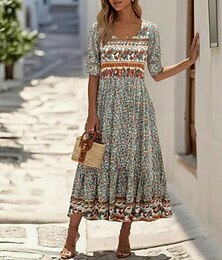 ieftine -Pentru femei Rochii Midi Rochie casual Rochie A line Rochie florala Elegant Modă Modern În aer liber Vacanță Ieșire Fit regulat Floral Manșon Jumate În V Albastru piscină Roz Îmbujorat Bleumarin