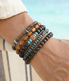 abordables -Ensemble de bracelets bohèmes empilables pour homme, composé de perles de bois, bracelet ethnique tribal multicouche avec accents turquoise, bijoux faits main pour les vacances à la plage et le quotidien.