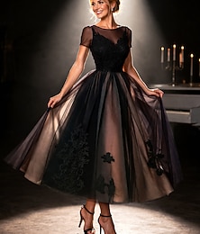 abordables -Ligne A Longueur cheville Robes de Cocktail Robe de Soirée Robes de soirée Élégant ancien Années 1950 Manche Courte Col Illusion Halloween robe demoiselle d honneur Invité de mariage d'automne