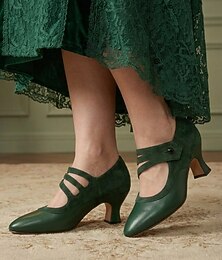 billiga -mörkgröna klackskor i viktoriansk stil för kvinnor - vintage pumps i konstläder med Mary Jane-motiv och elegant rem &knappdetalj för formella tebjudningar, historiska händelser &klassiska