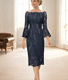 economico -Tubino Colonna Lunghezza Tè Vestito da Festa Abito da Cocktail Abito da invitata a nozze Abito da cerimonia per signora Manica 3/4 Collo gioiello Elegante Vintage Ospite di nozze Ricevimento di