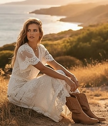 olcso -Női Party ruha Csipkeruha Swing ruha Maxi hosszú ruha Fehér Rövid ujjú Tiszta szín Csipke Tavasz Nyár V-alakú Boho 2023 S M L XL