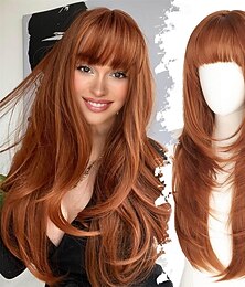 abordables -Perruque rousse longue avec frange pour femme, raie libre, coupe dégradée, synthétique résistante à la chaleur, idéale pour un usage quotidien ou festif (66 cm).