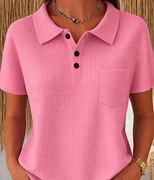 זול -חולצת טוניקה ופל לנשים עם כפתורים חלקה וינטאג' מסוגננת קלאסית קצרה שרוולים צוואר עגול עליוניות ארוכות יומיות כחול ורוד כתום כחול בהיר קיץ אביב