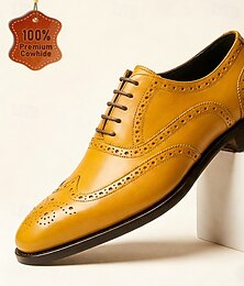 abordables -Chaussures Oxford à bout golf jaune moutarde pour homme, ornées de perforations, chaussures habillées vintage classiques, idéales pour les mariages, les réunions d'affaires, les fêtes et les occasions formelles.