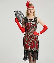 preiswerte -Vintage Goldene Zwanziger 1920er Knielang Flapper Kleid Handschuhe Kopfschmuck Ärmellos Der große Gatsby Charleston Pailletten Quastenfransen Kostüm Damen Halloween Karneval Cocktailparty Erwachsene