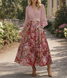 Χαμηλού Κόστους -Γραμμή Α Μέχρι τον αστράγαλο Επίσημο ένδυμα Κοκτέιλ Φορέματα Κομψό Μακρυμάνικο Λαιμόκοψη V Γάμου Επίσημο Σατέν Δαντέλα με Πιασίματα Πούλιες Κέντημα