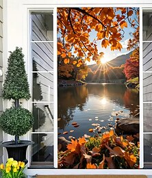 economico -Autunno, foglie d'acero, paesaggio naturale, banner per porta, raggio di sole dorato, paesaggio lacustre, copertura per porta, effetto 3D foresta fiume vista arazzo da parete per la decorazione del