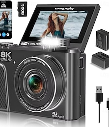 abordables -Appareil photo numérique 8K pour la photographie, 88 MP, Wi-Fi, idéal pour le vlogging sur YouTube, zoom 18x, écran pivotant à 180°, compact, carte SD 64 Go, appareil photo compact et facile à