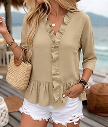 economico -Camicia da donna in 100% cotone blouse camicia con volant patchwork a volant colore solido semplice stilosa classica moderna maniche lunghe scollo a V regolari top quotidiano ferie uscita nero bianco