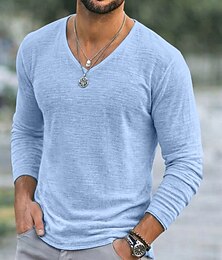 economico -Per uomo Maglietta Maglietta in lino Manica Lunga Scollo a V Primavera & Estate Estate Tinta unica Semplice Testurizzato Quotidiano Casual Stile da Strada Puro Casuale All'aperto Streetwear Blu