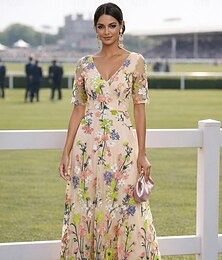 economico -Linea ad A Abito Lunghezza al pavimento Vestito maxi Vestito da Festa Abito da Cocktail Abito da cerimonia per signora Manica Corta Scollo a V Elegante Vintage Lussuoso Formale Ospite di nozze Derby