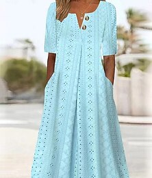 preiswerte -Damen Midikleid Sommerkleid Kleid mit Lochstickerei Mode Modern Strand Urlaub Ferien Lässiger Schnitt Einfach Halbarm V Ausschnitt Blau Sommer Frühling
