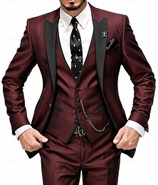 preiswerte -Dreiteiliger Herren-Smoking in Burgunderrot, Slim Fit – ideal für Hochzeiten, Abschlussbälle und Dinnerpartys. Bestehend aus einem einreihigen Blazer mit Schalkragen, Weste und Hose. Erhältlich in Schwarz, Blau und Grün.