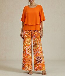 abordables -Ensemble pantalon large en mousseline à fleurs pour femme, idéal pour les mariages et les occasions élégantes.