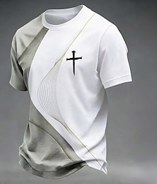 abordables -Camiseta cristiana para hombre con estampado de cruz, bloques de color blanco y gris, cuello redondo, manga corta, regalo espiritual cristiano para él, ropa de diseñador.