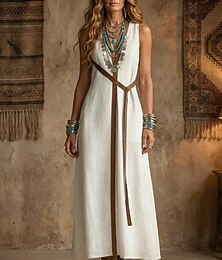 preiswerte -Damen Maxikleid Kleider in Leinenoptik Boho-Kleid Schwingkleid Elegant Mode Modern Outdoor Ferien Ausgehen Normale Passform Farbblock Ärmellos Mandarinkragen Weiß Gelb Wein Dunkelblau Sommer Frühling