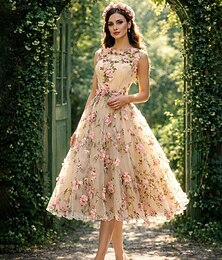 Χαμηλού Κόστους -Γραμμή Α Κοντό Μίνι Φορέματα χορού Πάρτι Λουλουδάτο Αμάνικο Με Κόσμημα Πάρτυ στον κήπο Ημέρα του Αγίου Βαλεντίνου Σατέν με Διακοσμητικά Επιράμματα