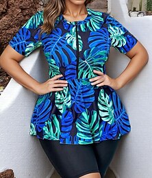cheap -Women's Bathing Suit 2 Pieces Plus Size Swimsuits Tropical Zip Up Ultra Light (UL) UV Protection Elastic Short Sleeve Swimwear Surfing Snorkeling Summer