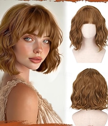 abordables -Perruque courte ondulée auburn - Perruque bob rousse foncée de 30 cm avec frange pour femme, perruque bob bouclée mi-longue avec frange, perruque en cheveux synthétiques doux pour fille, usage