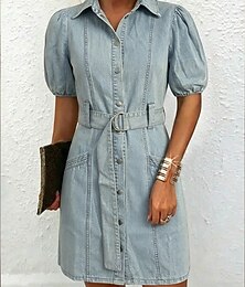 preiswerte -Damen Minikleid Jeanskleider Freizeitkleid Mode Basic Täglich Outdoor Urlaub Normale Passform Einfach Kurzarm Hemdkragen Blau Sommer Frühling