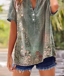 preiswerte -Damen Hemd Knöpfe Druck Blumen Grafik Pflanzen Stilvoll Klassisch Lässig Kurzarm V Ausschnitt Lange Oberteile Lässig Täglich Ausgehen Violett / Blau Grün Sommer Frühling