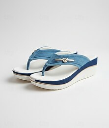 economico -sandali infradito con zeppa in denim da donna – eleganti capi da spiaggia casual con suola comoda e dettagli in metallo