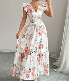 abordables -Femmes Robe maxi Robe Fleurie Robe Imprimée Élégant Mode Quotidien Vacances Fête Coupe régulière Fleuri Sans manches Col en V Blanche Jaune Été Printemps