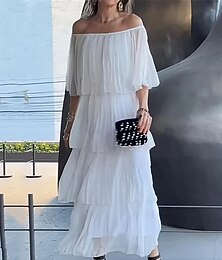 baratos -Mulheres Vestido Longo Vestido A Line Vestido de verão Casual Diário Ajuste Largo Tecido Meia Manga Ombro a Ombro Branco Verão Primavera