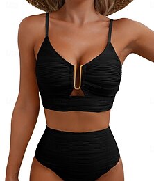 baratos -Mulheres Roupa de Banho Biquíni 2 partes Cintura Alta roupa de banho Franzido Frente Única Férias Roupa de Praia Tecido Decote V Sem Manga Fatos de banho