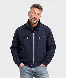 abordables -Chaqueta Harrington para hombre, 100% algodón, ligera, con cremallera, estilo casual, ideal para primavera y otoño, con cuello alto y bolsillos en el pecho. Colores: negro, azul marino y marfil.
