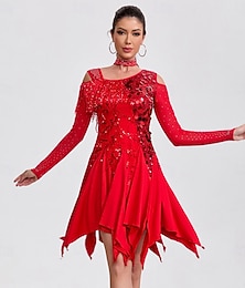 abordables -Vestido de baile latino rojo de lentejuelas para mujer, vestido de competición de baile de salón con hombros descubiertos y manga larga.