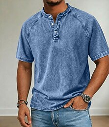 abordables -Hombre Camiseta Camisa vaquera Camisa 100% algodón con lavado ácido Manga Corta Escote Chino Henley Primavera verano Verano Primavera Plano Vintage Ropa de calle Casual Lavado Mangas raglanes Casual