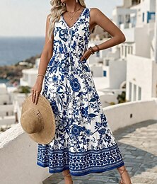 economico -Per donna Abito maxi Abito a trapezio Abito Sottoveste Vacanza Casual All'aperto Uscire Vestibilità standard Floreale Senza Maniche Scollo a V Blu Estate Primavera