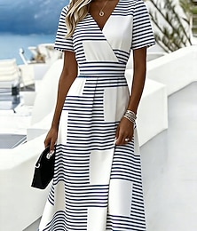 preiswerte -Damen Midikleid A Linie Kleid Urlaub Lässig Boho Täglich Normale Passform Grafik Gestreift Kurzarm V Ausschnitt Blau Weiß Himmelblau Sommer Frühling