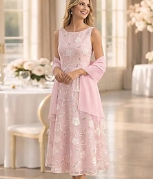 abordables -Dos Piezas Corte A Traje de vestir Hasta el Tobillo Vestido Invitada Boda Vestido de Madrina Sin Mangas Escote Barco Elegante Sencillo Embellecido Formal El derby de Kentucky Semi-formal Encaje