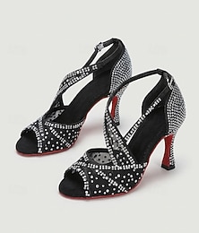 abordables -Escarpins noirs à strass pour femmes, chaussures de danse latine à bout ouvert et brides pour salsa, tango et spectacles &événements de danse en soirée