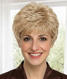 abordables -Perruque courte blonde cendrée dégradée, coupe pixie, pour femme - cheveux synthétiques texturés et effilés avec frange, aspect naturel