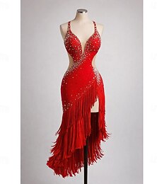 abordables -Robe de danse latine rouge à strass pour femme, décolleté plongeant en V, franges, robe de compétition de salon