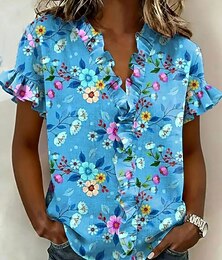 economico -Per donna Camicia Tunica Volant Floreale Grafico Elegante Vintage Moda Manica Corta Scollo a V Top Regolari Casuale Quotidiano Blu Rosa Arancione Verde Estate Primavera