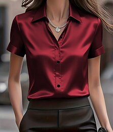 baratos -Mulheres Camisa Social Blusa Botões Tecido à moda Clássico Moderno Manga Curta Colarinho de Camisa Tops regulares Diário Feriado Para Noite Preto Branco Vermelho Verão Primavera
