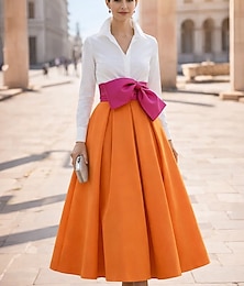 Χαμηλού Κόστους -Γραμμή Α Μέχρι τον αστράγαλο Κάτω από το γόνατο Κοκτέιλ Φορέματα Κομψό Ημιεπίσημα φορέματα Μακρυμάνικο Λαιμόκοψη V Πάρτυ στον κήπο Γάμου Σατέν με Φιόγκος(οι) Πλισέ Συνδυασμός χρωμάτων