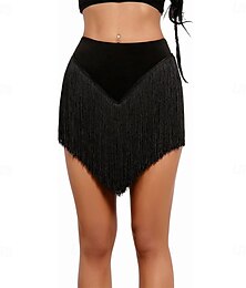preiswerte -Lateinamerikanischer Tanzrock für Damen – schwarzer, tief ausgeschnittener Minirock mit Fransen und Quasten für Salsa, Cha-Cha-Cha und Samba