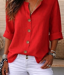 abordables -Femmes Chemisier Chemise en faux lin Boutons Couleur Unie Quotidien Occasionnel Manche 3/4 Col en V Hauts Réguliers Quotidien Noir Blanche Rouge Orange Vert Été Printemps Automne