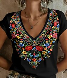 お買い得  -女性用 Tシャツ 刺繍 プリント グラフィック 植物 トライバル スタイリッシュ クラシック カジュアル 半袖 Ｖネック レギュラートップス カジュアル 日常 ブラック ホワイト ルビーレッド グリーン 夏 春