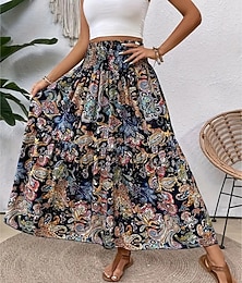 abordables -Mujer Falda de vacaciones Bohemia Vintage Casual Maxi Alta cintura Faldas Cachemir Estampado Elástico Diario Calle Negro Vino Rojo Naranja Verano
