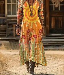 economico -Per donna Abito maxi Vestito Estivo Vacanza Casual Boho Quotidiano Vestibilità comoda Floreale Manica Lunga Scollo a V Blu Nero Giallo Rosso Estate Primavera