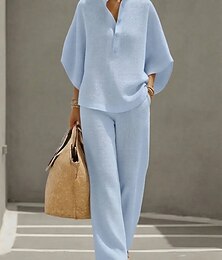 abordables -Femmes Ensembles de Pantalons Demi Manches Col en V Couleur Unie Uni Mode Streetwear Occasionnel Quotidien Extérieur Bleu Beige Printemps & Été Coupe Ample