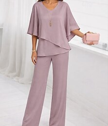 preiswerte -Damen Bluse Weitbeinige Hosen Dreiviertelarm V Ausschnitt Einfach Rüsche Mode Streetwear Täglich Lässig Täglich Rosa Purpur Khaki Frühling & Herbst Normale Passform